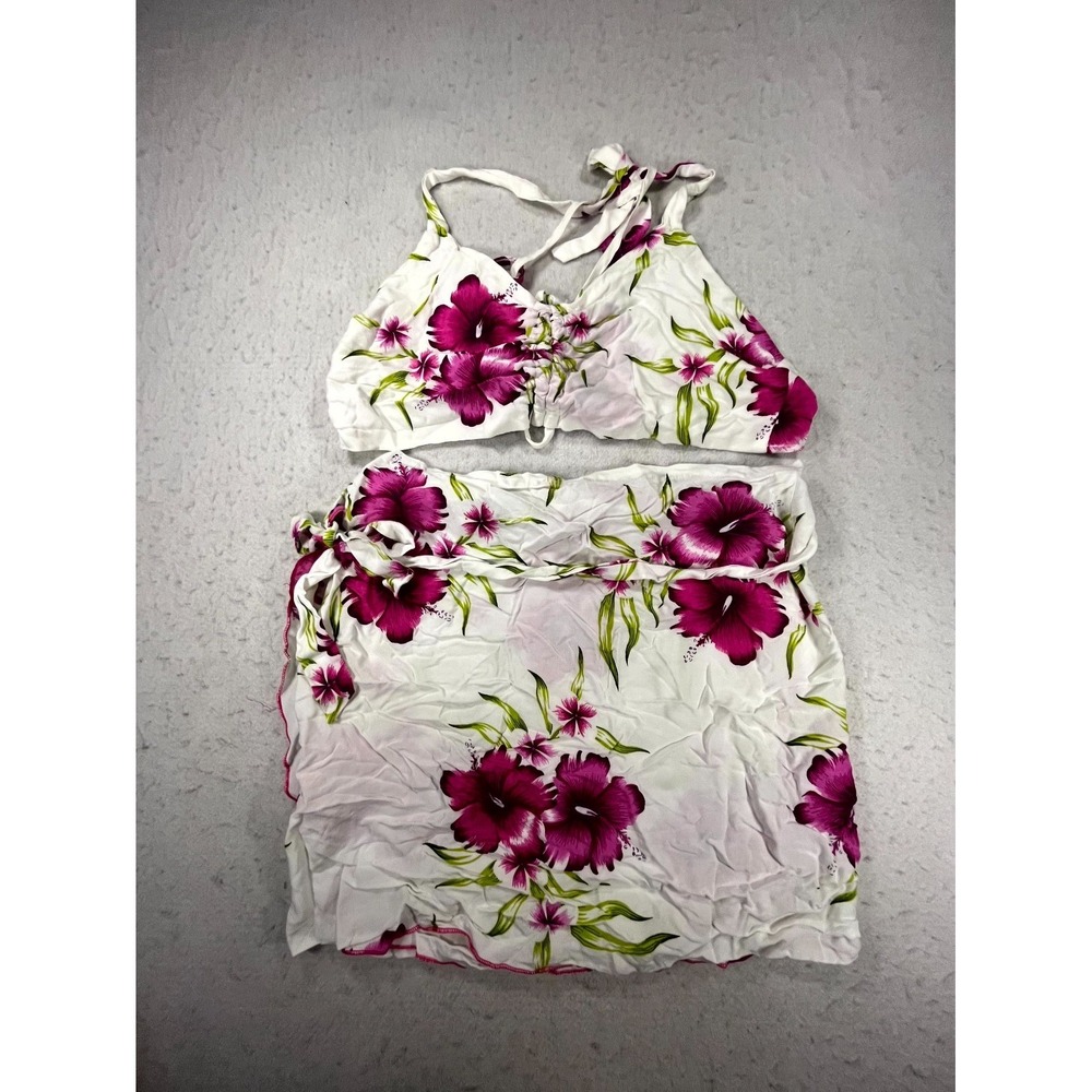 Hawaiian 2 Piece Skirt Set Womens Medium Multicolor Floral Tropical Hibiscus Y2K